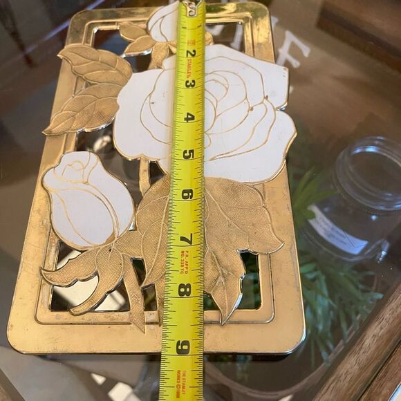 VTG Pot Holder Warmer Trivet WM.A. ROGERS LTD Gold w/Cream Roses Japan 5.5"x 9" - Picture 4 of 4